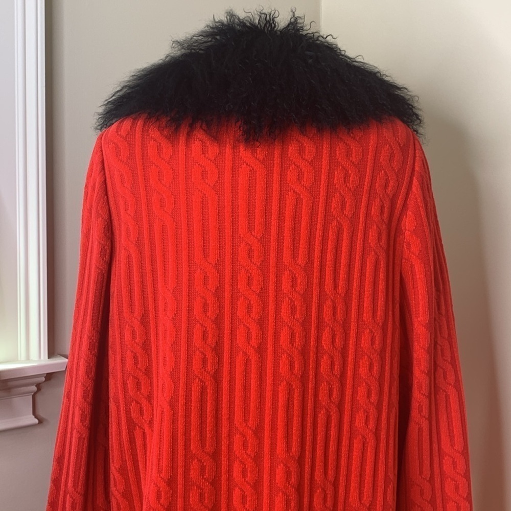 Lola Made in Italy Red Black Cable Knit Fur Collar Duster Cardigan Coat 8 44 - Picture 12 of 17
